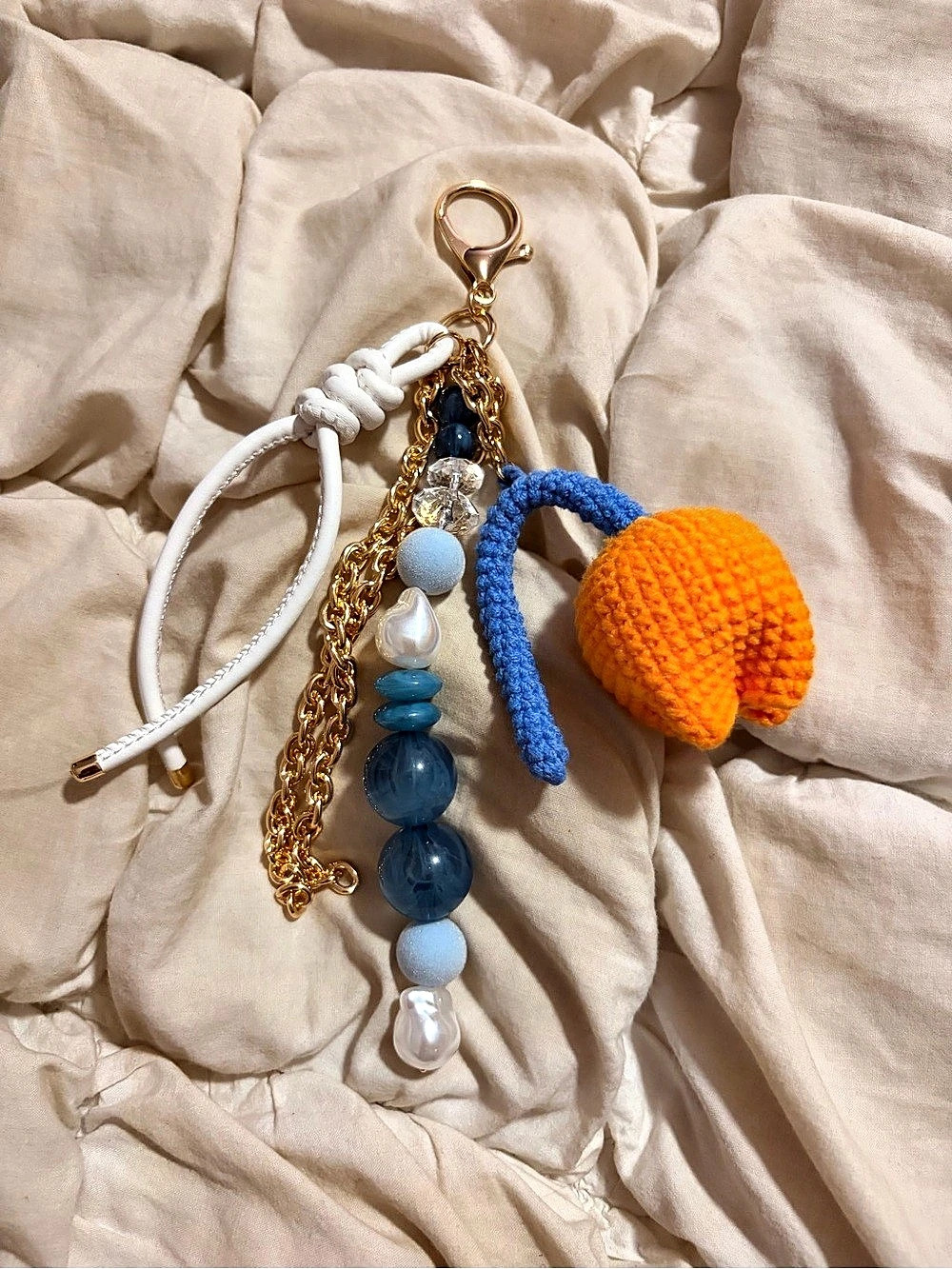 Beaded Keychain Charm in Gold & Blue Like New
